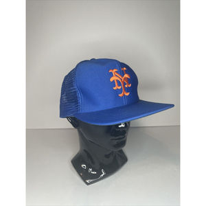 Vintage 80s New York Mets Mesh Snap Back Cap Blue VTG Hat MLB Trucker Baseball